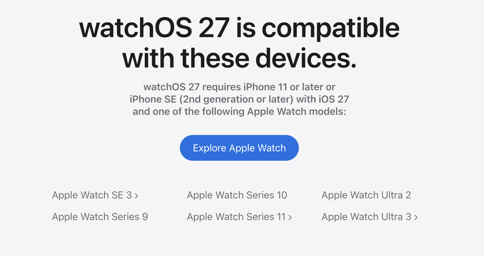 Apple公式サイトのwatchOS 27対応機種一覧。SE 3・Series 9・10・11・Ultra 2・3が並び、Series 7は含まれていない